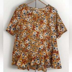 TIME & TRU Womans Yellow XL Cottagecore Blouse Floral Layered Ruffle Hem Top